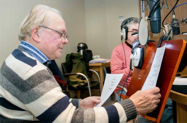 A still from a voice recording session with voice actors Sir David Jason and Jimmy Hibbert. Give your actors plenty of time to familiarise themselves with the scripts before the recording session so that they can bring something of themselves to the performance. Photo: Jimmy Hibbert.