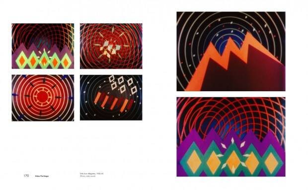 Pages from "Oskar Fischinger 1900-1967: Experiments in Cinematic Abstraction", showing stills from the film Allegretto (1936-1943)