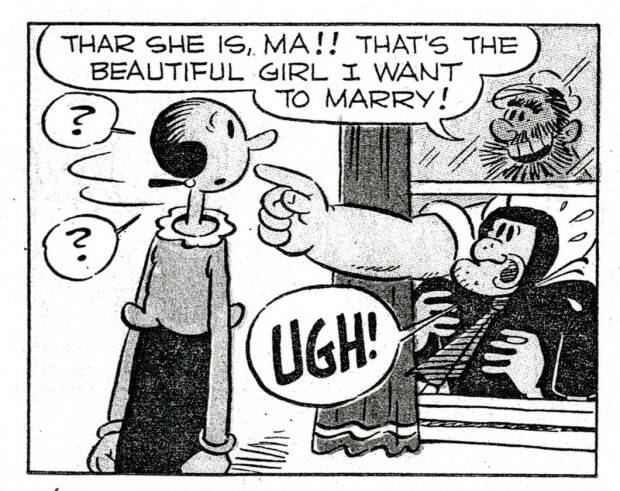 The Sea Hag's Sonny Boy wants Olive for a bride.  From the Sunday strip by Bud Sagendorf (September 9, 1962).