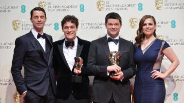 The Lego Movie directors Phil Lord and Christopher Miller celebrate their BAFTA award with Matthew Goode and Hayley Atwell