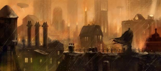 Concept Art example of the Dark Knight watching over his city.