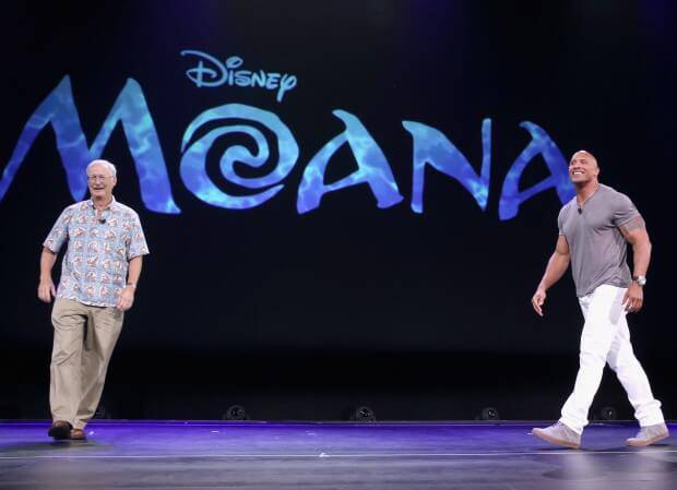 ANAHEIM, CA - AUGUST 14: Director John Musker (L) and actor Dwayne Johnson of MOANA took part today in "Pixar and Walt Disney Animation Studios: The Upcoming Films" presentation at Disney's D23 EXPO 2015 in Anaheim, Calif.  (Photo by Jesse Grant/Getty Images for Disney) *** Local Caption *** Dwayne Johnson; John Musker