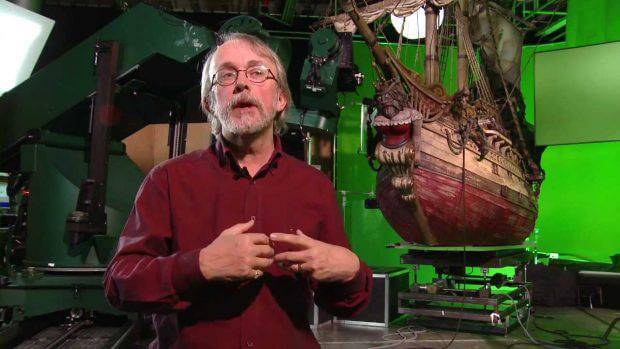 Pete Lord with the giant miniature ship used in Pirates!(2012)