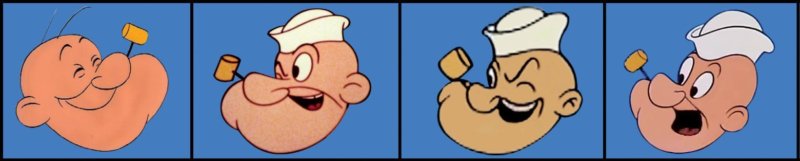 Jack Kinney's animation director's facial designs of Popeye varied (From left to right - Ken Hultgren, Rudy Larriva, Eddie Rehberg and Hugh Fraser)
