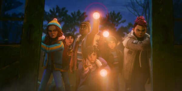 "A group of animated kids, dressed for cool weather, stand bravely on a wooden bridge at night, some holding glowing lights, looking determined as if facing a challenge together."