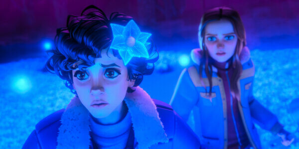 "Two animated characters, one with a glowing blue flower on their head, stand in a mysterious, glowing blue-lit environment with floating orbs and an atmosphere of surprise or concern."