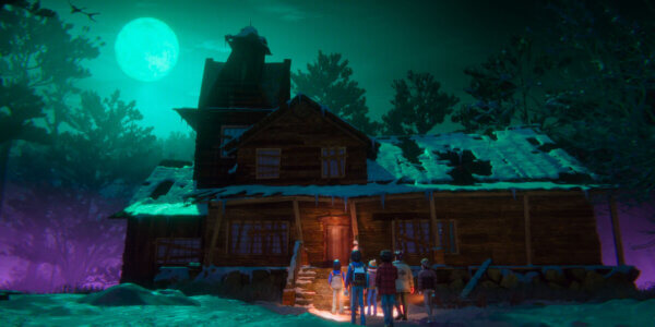 "Five people stand at the entrance of a large, old wooden house at night, surrounded by snowy ground, trees, and an eerie glowing full moon, creating a spooky atmosphere."