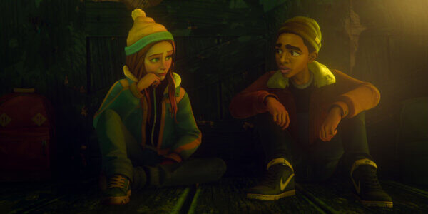 "Two animated teenagers in winter clothing sit on a wooden floor in a dimly lit, rustic shelter, having a serious conversation. Backpacks and wooden walls suggest an outdoor or survival setting."