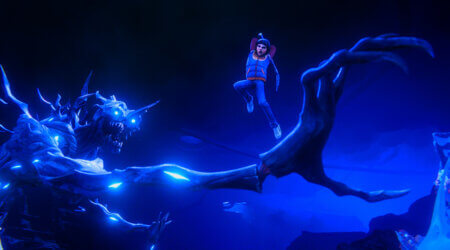 "Animated scene of a young person jumping above a glowing, monstrous creature with large claws in a dark, mystical, blue-lit environment, creating a sense of action and suspense."